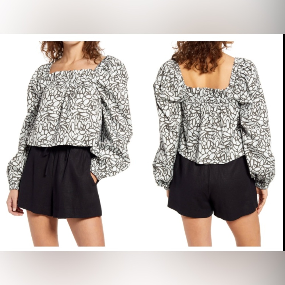 Open Edit Women's Cropped Top Off Shoulder Blouse Puff Sleeve Medium